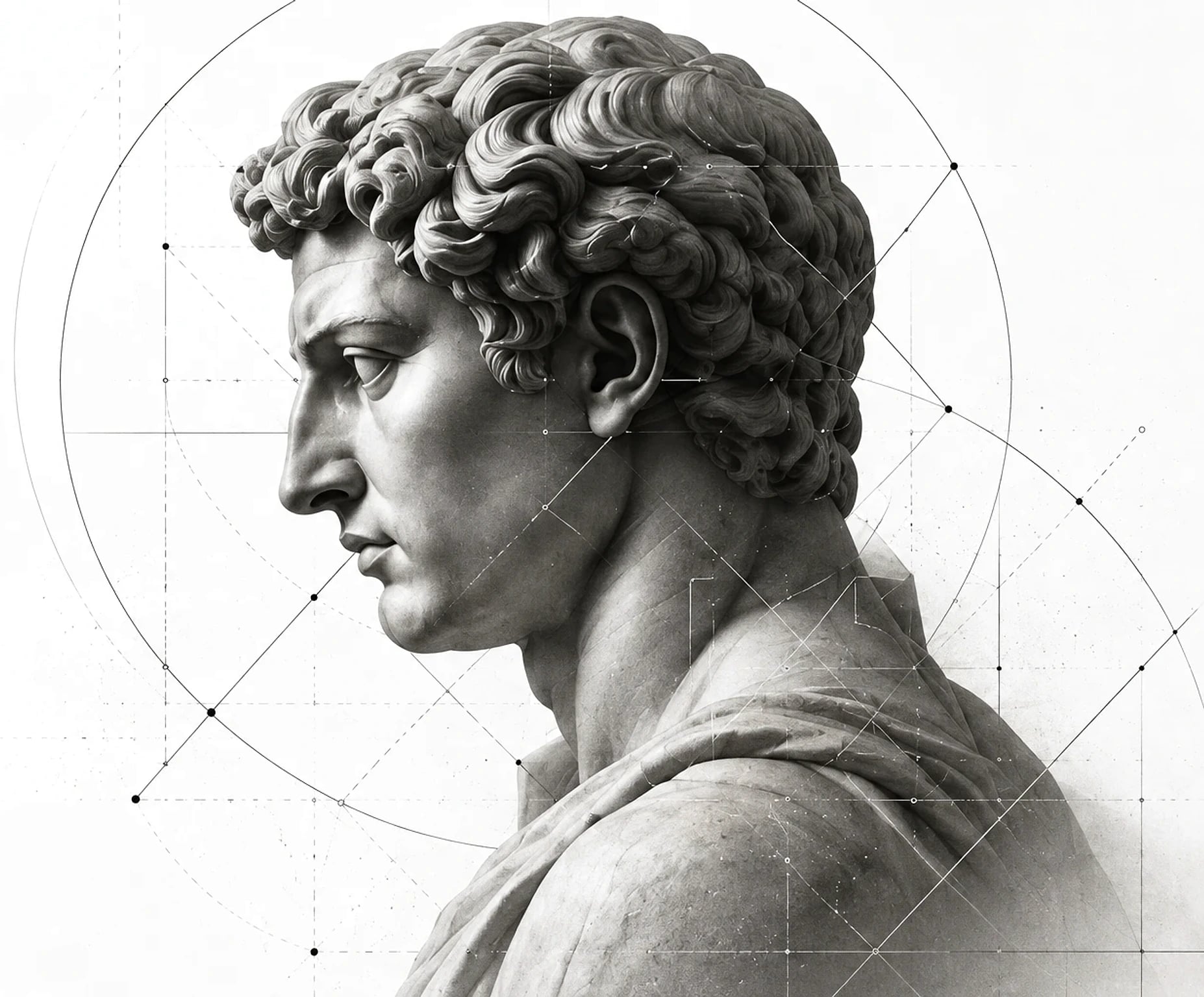Perfil de uma escultura clássica em mármore, envolto por linhas de construção geométrica.